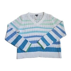 Talbots Open Stitch Vneck Sweater Blue Green Stripe Womans NWT Coastal Resort L